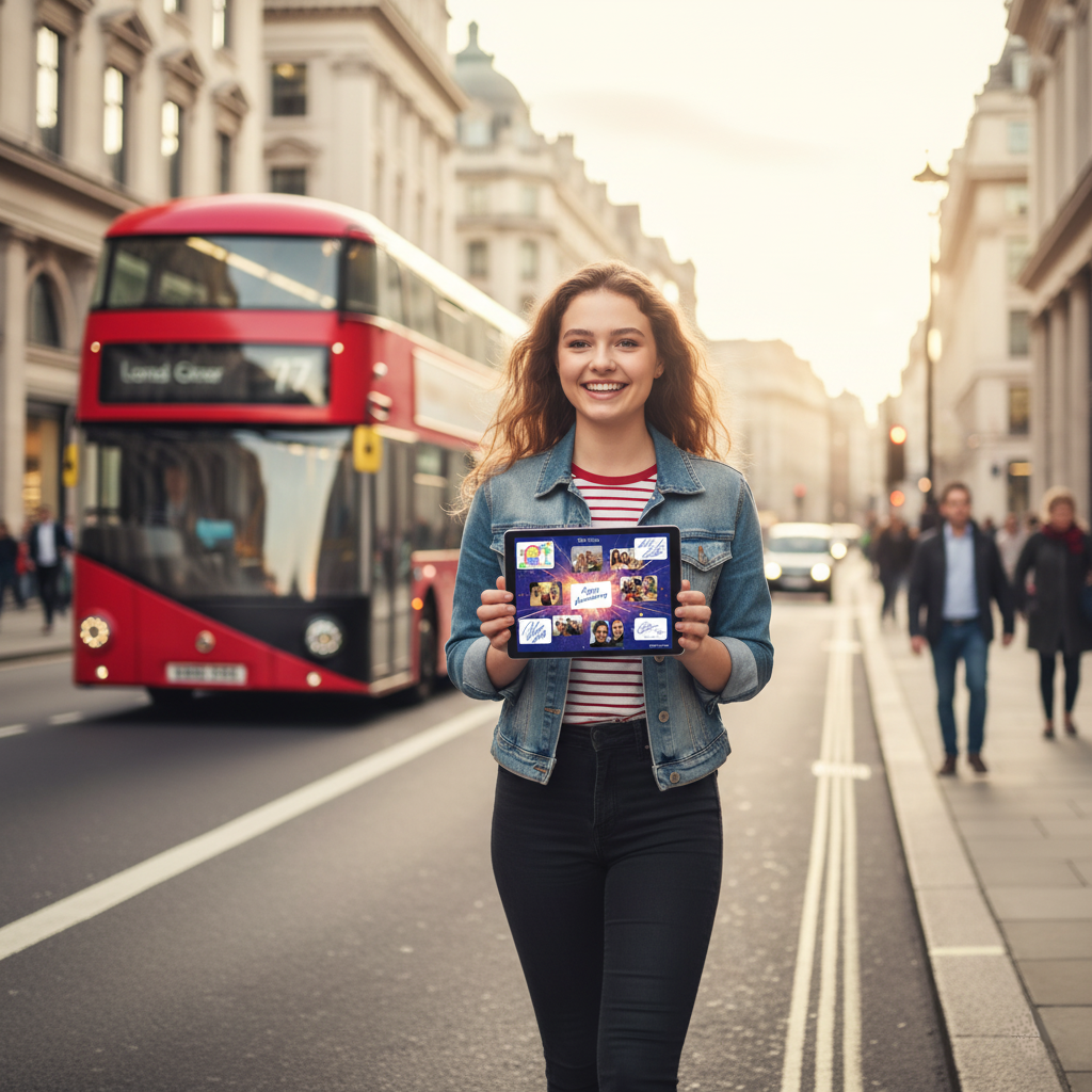 girl showing her autograph on tab